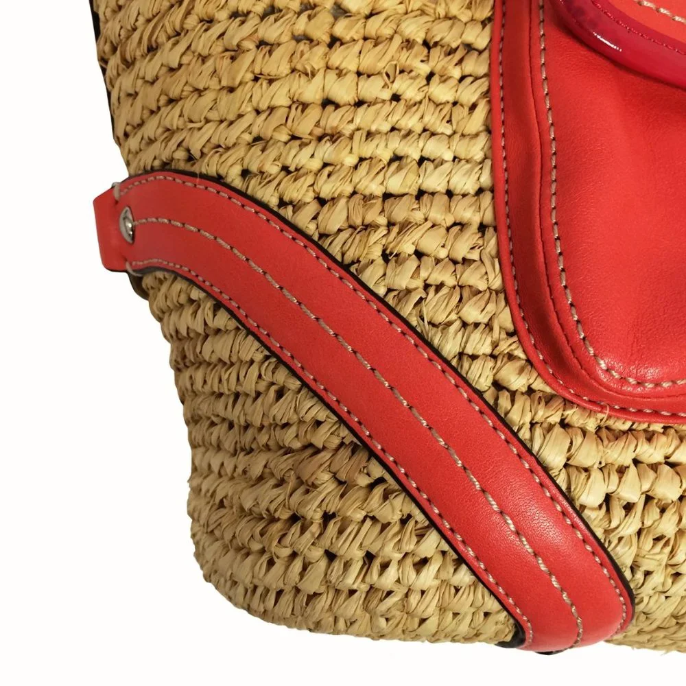 Coach Woven Straw Pocket Tote Natural Coral Leather Trim Turnlock Beach Bag